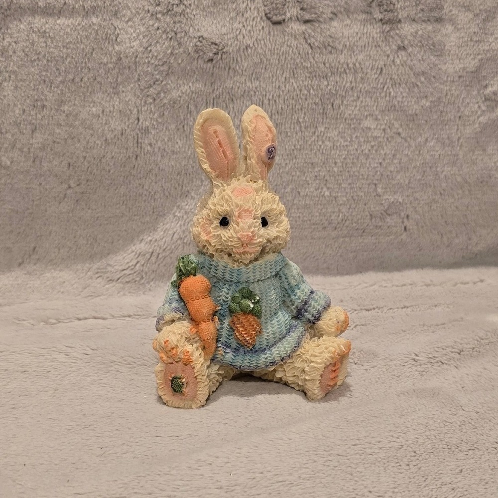 Textured Resin Bunny Figurine in Blue Carrot Sweater Easter Spring Decor 3.75"